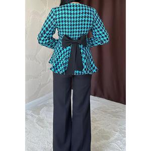 Blazer Azul con Diseño de Pata de Gallo y Lazo en la Espalda, Chaqueta de Mujer Tejida de Manga Larga - Product Image 2