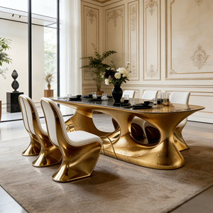 Tavolo <span class=keywords><strong>da</strong></span> <span class=keywords><strong>Pranzo</strong></span> di Lusso Contemporaneo Dorato con Base Artistica Irregolare, Arredamento Moderno <span class=keywords><strong>per</strong></span> <span class=keywords><strong>Sala</strong></span> <span class=keywords><strong>da</strong></span> <span class=keywords><strong>Pranzo</strong></span> di Villa - Product Image 4