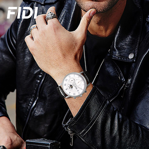Reloj de Pulsera FIDI para Hombre, Cronógrafo de Cuarzo, Correa de Cuero, Fase Lunar, Calendario, Esfera con Números Romanos, Casual, de Negocios, Personalizado - Product Image 5