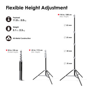 ขาตั้งไฟสีเงิน RAUBAY ขนาด 10 ฟุต พร้อมระบบกันกระแทก, ขาตั้งไฟถ่ายภาพอะลูมิเนียมแบบปรับได้สำหรับงานหนัก, ขาตั้งไฟสตูดิโอ - Product Image 2