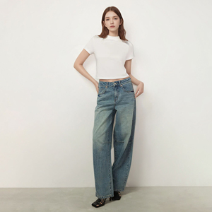 ג'ינס בגזרה רחבה עם פאנלים בשני צבעים אופנתיים לנשים, מותן גבוה, גזרה רפויה, טלאים, פרט ברכיים, מכנסיים גדולים במיוחד, לבוש רחוב - Product Image 3