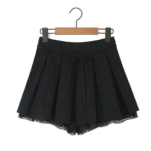 Shorts de saia com cordão para mulheres, cor preta, renda inferior, moda casual verão, mini saia