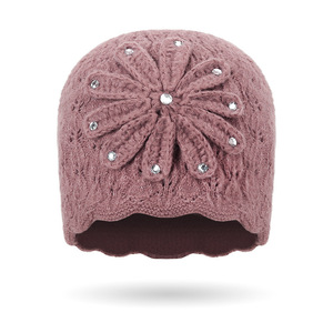 Women's Knitted Hat With Rhinestone Flower Warm Woolen Beanie For Winter 54-56cm Head Circumference Double Layered Crochet - Product Image 1