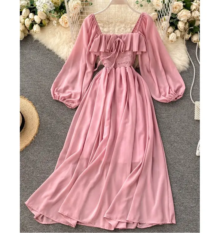 Hot Sale French Style Square Collar Puff Sleeve Long Sleeve Beautiful smocked dress Chiffon Maxi Dresses For Women Lady