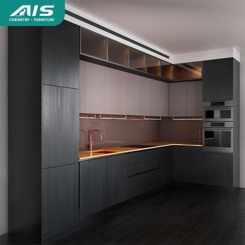 AIS 2025 Black Modern American Wooden Modular Kitchen Storage Cabinet ...