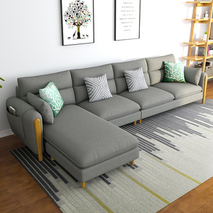 L-Shaped Fabric <b>Sofa</b> Dark Gray Three Seater Modern Living Room Upholstered <b>Sofa</b> With Wooden Legs - Product Image 1
