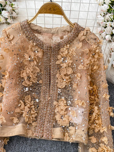 Giacca Europea con Paillettes e <span class=keywords><strong>Fiori</strong></span> in Rilievo, Collo Tondo, Casual Primaverile per <span class=keywords><strong>Donna</strong></span> in Viscosa/Poliestere, Stile Raffinato - Product Image 2