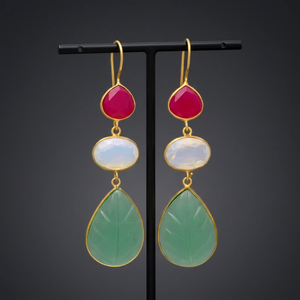 Nuevos Pendientes de Gema con Diseño de Cadena, Color Dorado, Plateado, Brillante, Opalita, Esmeralda, Fucsia, Chalcedonia, Estilo Étnico - Product Image 2