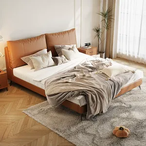 Europese Luxe Lederen Bedframe Modern Design Handgesneden Massief Hout Zacht Kingsize <span class=keywords><strong>Bed</strong></span> Meubilair - Product Image 3