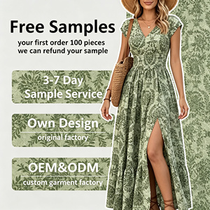 Vestido Maxi Boho Floral con Cuello en V, Cintura Fruncida, Abertura Lateral, <span class=keywords><strong>Estilo</strong></span> Francés, Vestido de Playa OEM - Product Image 1