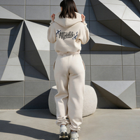 Ensemble sweat à capuche court zippé et jogging en molleton de coton biologique épais pour femme, ensemble deux pièces personnalisé