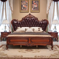 Lit double en bois massif sculpté de style européen et américain traditionnel, avec revêtement en cuir véritable, pour chambre à coucher, ensemble de meubles de mariage