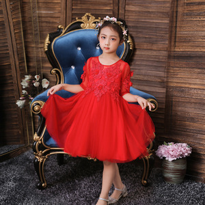 Vestido de tul rojo para niñas, cuello redondo, línea A, encaje, disfraz de princesa, vestido de niña de las flores - Product Image 1