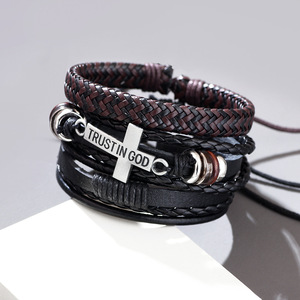 Conjunto de pulseras de cuero trenzado de varias hebras con colgante de confianza en Dios, regalo unisex, joyería - Product Image 2