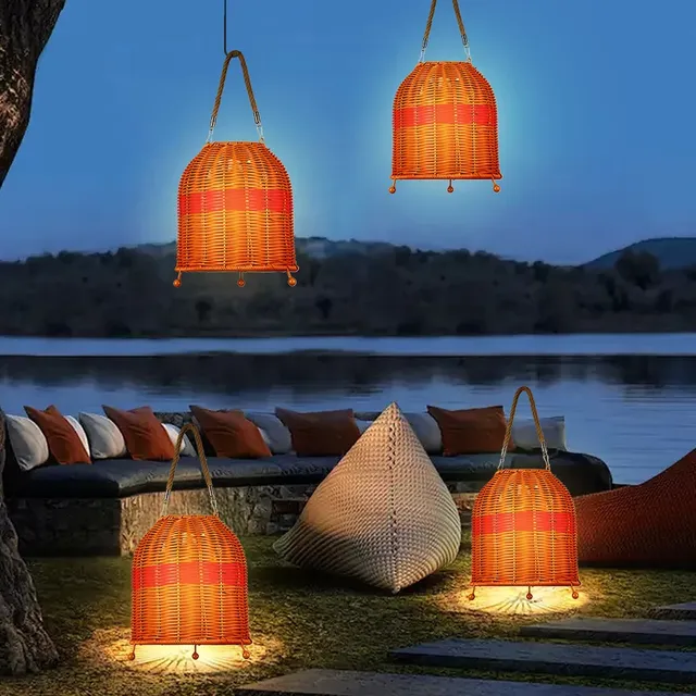 Modern Outdoor Solar Hanging Rattan Lantern Waterproof Bamboo Chandelier Lamp for Garden Balcony Decor Woven Solar Light Fixture