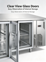 Réfrigérateur-congélateur sous comptoir professionnel en acier inoxydable à 4 portes vitrées, à température unique, longue durée de vie, avec refroidisseur d'air
