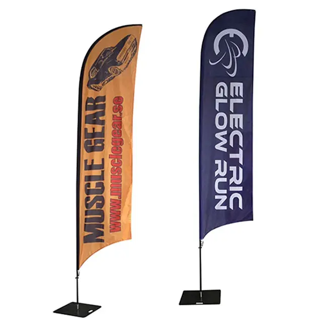 Banner promocional barato para publicidade comercial ao ar livre com base em poste, bandeira de praia em cores personalizada com penas e lágrima