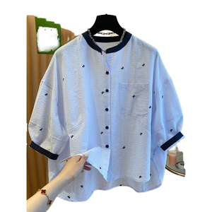 เสื้อเชิ้ตผ้าฝ้ายทรงหลวมสำหรับผู้หญิงพร้อมปกแมนดารินแขนสามส่วนลายจุดลำลองสำหรับฤดูใบไม้ผลิและฤดูร้อน - Product Image 1
