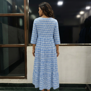 Blue Buta Printed Midi <b>Dress</b> With Keyhole Neck And Tassel <b>Loose</b> Fit Casual Summer Woven Cotton <b>Dress</b> - Product Image 3