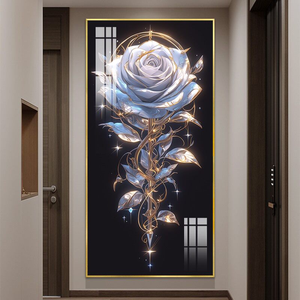 Lussuoso Quadro in Cristallo Blu Ghiaccio con Rosa, Stampa UV con Glitter, Dipinto Verticale in Porcellana per Decorazione Ingresso Hotel - Product Image 2