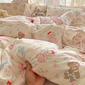 Màu hồng hoa hồng màu xanh kẹo Bow + Phim hoạt hình gấu thỏ mô hình dễ thương phong cách tấm ga trải giường thiết lập 4 miếng mềm máy có thể giặt vải Polyester - Product Image 4