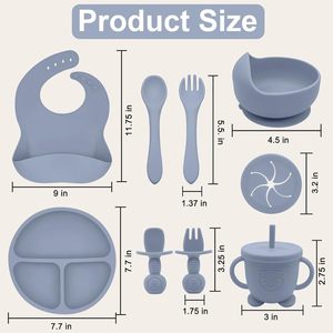 Ensemble de vaisselle pour bébé en silicone 9 pièces, assiette à dîner, bavoir, bol, cuillère, fourchette, tasse, ensemble d'alimentation pour bébé en silicone - Product Image 2