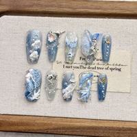 Faux ongles à presser en acrylique faits main, courts, forme amande, certifiés CE, avec logo personnalisé, motif sirène Océan Bleu, vente en gros, 10 pièces
