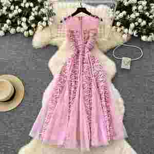 Vestido Midi Casual de Verano para Mujer, Cuello Redondo, Estilo Túnica, Sin Mangas, Corte Imperio, Bordado, Malla, Vestidos - Product Image 1