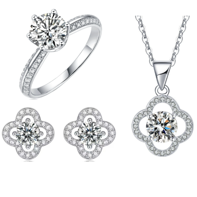Hot Sale  Clover Design D VVS 1 Carat Moissanite Wedding Engagement Platinum Plated S925 Silver Jewelry Sets for Bridal Women