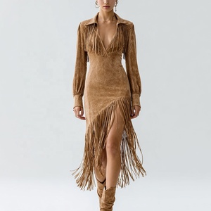 Chic autunno <span class=keywords><strong>donna</strong></span> stile retrò con frange sartoriale dettaglio finto camoscio camicia colletto a manica lunga abito Midi marrone per <span class=keywords><strong>donna</strong></span> - Product Image 6