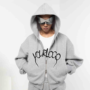 Sweat à capuche pour homme avec double fermeture éclair, logo personnalisé, coupe oversize, fermeture éclair intégrale, sweat à capuche court avec poches - Product Image 1