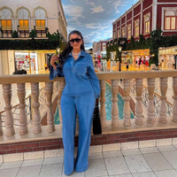 Ensemble deux pièces décontracté en jean pour femme 2025 – Veste à revers à manches longues en polyester/coton à séchage rapide et pantalon large en jean style cowboy