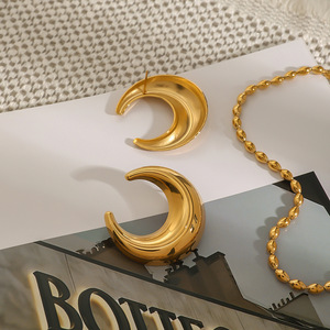 Yueli <b>Moon</b> Huggie <b>Earrings</b> 18K Gold Plated Stainless Steel Geometric Design Gift Jewelry - Product Image 3