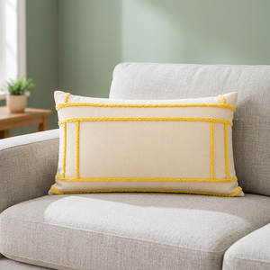 Housse de coussin rectangulaire décorative en lin de qualité supérieure avec passepoil jaune contrastant, détail de bordure, élégant coussin d'appoint - Product Image 2