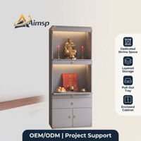 Armoire d'autel bouddhiste zen Aimsp grise, espace dédié au culte, rangement à niveaux, plateau coulissant, armoire fermée, support OEM ODM
