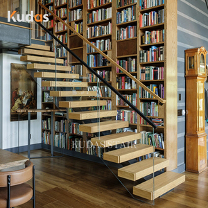 <span class=keywords><strong>Escalier</strong></span> flottant à faisceau unique rampe en verre à marches en bois escaliers Mono Stringer personnalisables pour l'intérieur de <span class=keywords><strong>bibliothèque</strong></span> de maison de luxe - Product Image 1