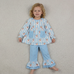Ensemble de pyjama pour filles à rayures bleues, sans manches, en tissu de yoga Spandex/Polyester, écologique, décontracté, confortable, vêtements de nuit - Product Image 1