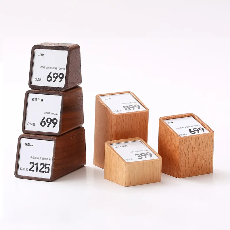 Holz Preis schild Papier halter Display Stand Tisch Mini Cube Schreibtisch Wein Schmuck Etikett Karte Zeichen Tag Supermarkt Store Supplies