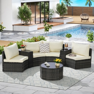 Ensemble de mobilier de patio modulable rond 7 pièces, <span class=keywords><strong>table</strong></span> basse demi-lune en rotin tressé et verre, canapé d'extérieur résistant aux intempéries pour jardin - Product Image 1