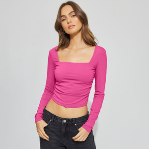 Aoyema Women New Tight Sexy <strong>Tops</strong> Square U Neck Slim Shirt Long Sleeve Stretchy Lightweight Running T Shirt - Product Image 6