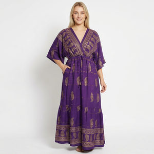 Purple Paisley Print Maxi <b>Dress</b> V-NeckSummer Vacation Style <b>Tunic</b> Rayon lurex Fabric <b>dress</b> online wholesale shop - Product Image 1
