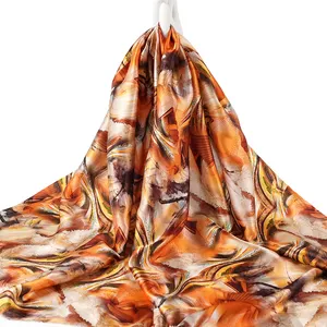 Kain katun satin ramah lingkungan oranye abstrak garis kain cetak bunga untuk pakaian