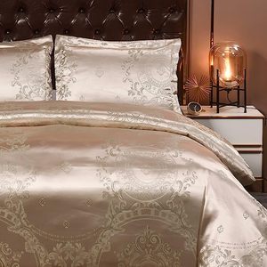 Linge <span class=keywords><strong>de</strong></span> <span class=keywords><strong>lit</strong></span> Jacquard en <span class=keywords><strong>Satin</strong></span> <span class=keywords><strong>de</strong></span> soie 135x200 cm + 1 x taie d'oreiller 50x75 cm housse <span class=keywords><strong>de</strong></span> couette <span class=keywords><strong>de</strong></span> Style luxe avec fermeture éclair pour chambre d'hôtel - Product Image 1