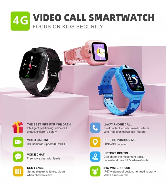 Kids 4G LTE Smartwatch Waterproof Camera Video Calling Parental Control Safe Mode
