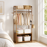 Porte-vêtements autoportant en bambou avec étagères de rangement, penderie ouverte, multifonctionnel et simple pour salon et chambre