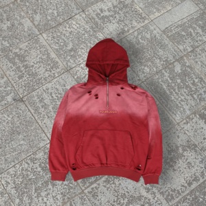 Sudadera con Capucha para Hombre, Estilo Desgastado, Lavado Ácido, 100% Algodón, Talla Grande, Cierre de Cremallera de un Cuarto, Tejido de Rizo, Serigrafía de Letras, 450 g/m², Otoño - Product Image 2