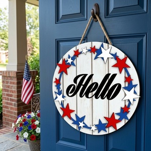 Insegna Rotonda in Legno per Porta del 4 Luglio, Ghirlanda con Stelle 3D, Decorazione Patriottica Rustica per Porta d'Ingresso, Vendita all'Ingrosso per il Giorno dell'Indipendenza - Product Image 2