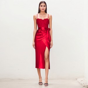 Abiti da sera da donna di fascia alta in pizzo rosso Maxi abito <span class=keywords><strong>con</strong></span> spacco frontale e cintura elegante Casual per feste o eventi serali - Product Image 1