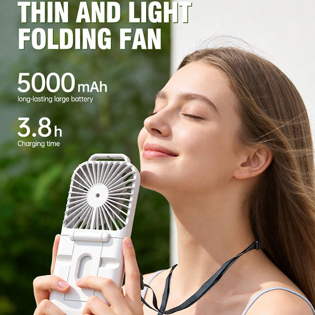 5000mAh Neck Lanyard Personal Neck Fan 5-Speeds Small Foldable Hands Free Portable Handheld Fan with Power Bank, Phone Holder