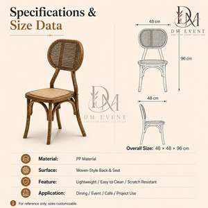 Chaise de mariage ronde en PP imitation bois avec dossier en rotin et siège rembourré pour la location événementielle et la vente en gros - Product Image 2